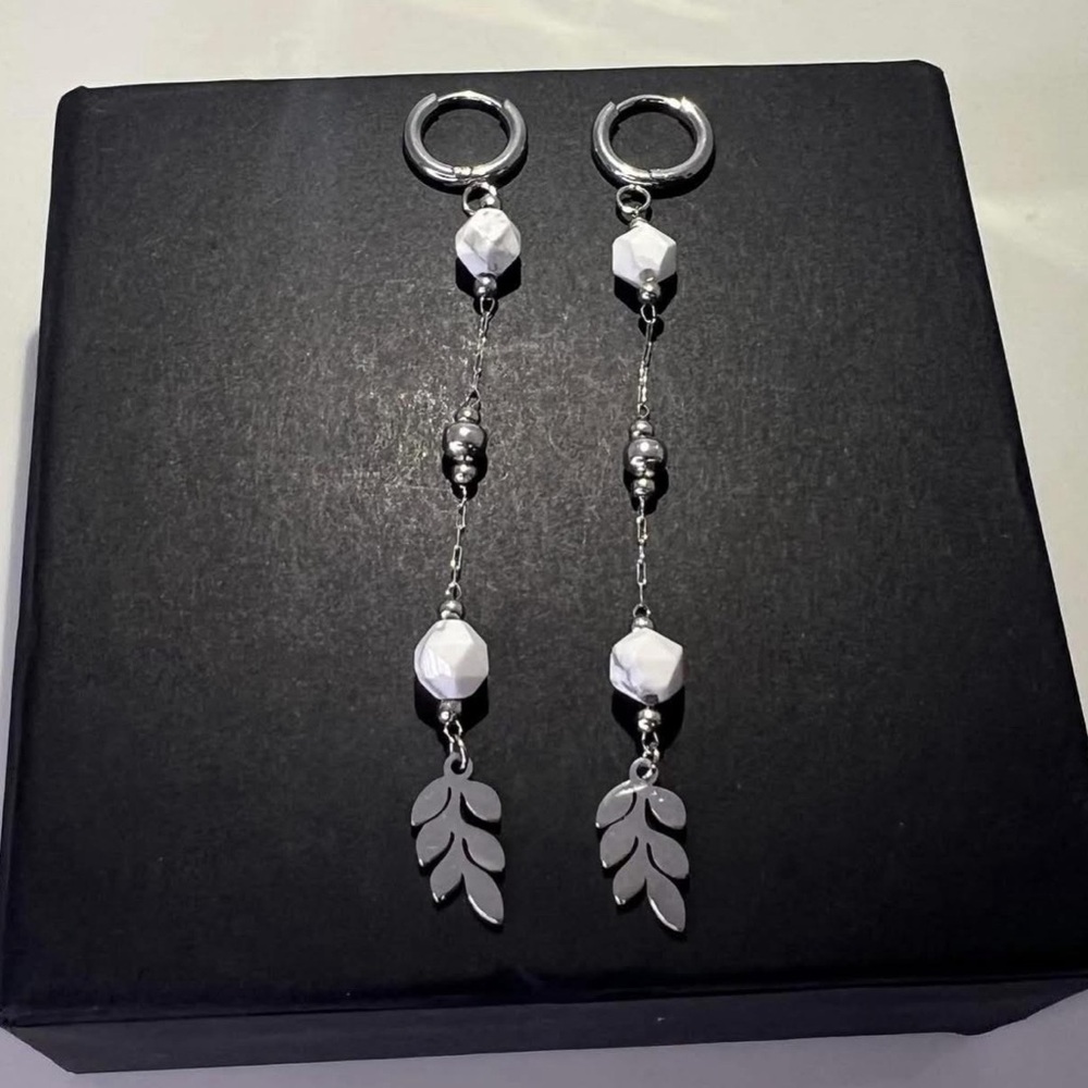 Natural Howlite Beaded Ear Huggies w Olive Leaves Platinum🌿 - Picture 3 of 3
